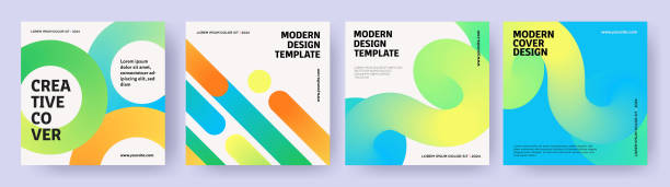 Creative covers or posters concept in modern minimal style for corporate identity, branding, social media advertising, promo. Minimalist cover design template Creative covers or posters concept in modern minimal style for corporate identity, branding, social media advertising, promo. Minimalist cover design template with dynamic fluid gradient lines modern magazine layout stock illustrations