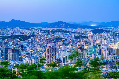 Seoul city night view taken from Namsan Mountain in Seoul, South Korea at night time