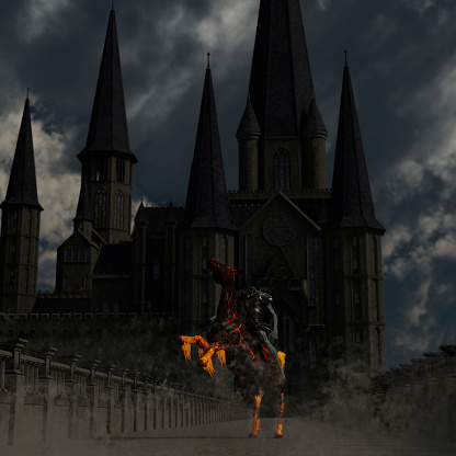 Headless horseman riding a flaming horse in front of a medieval castle - 3d rendering