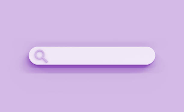 istock Search engine bar with magnifying glass icon on purple background. Blank text input field on browser, finding information on internet. Minimal design element, web form template, 3d render illustration 1398426102