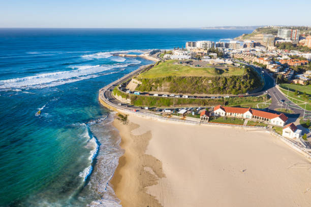 Nobbys Beach NSW Australia - Aerial view of beach and Fort Scratchley Nobbys Beach - Newcastle Australia aerial view of the beach and city newcastle new south wales photos stock pictures, royalty-free photos & images