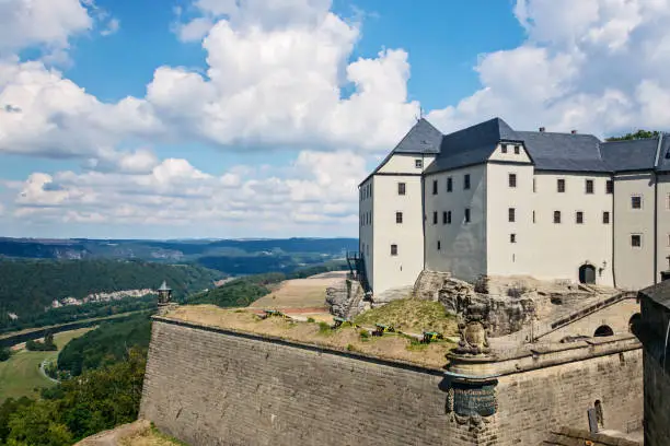 Panorama of Königstein fortress, Elbe river valley and Saxon Switzerland national park in Germany on a sunny summer day. Blue sky with white cumulus clouds. Discovering new historical places on earth