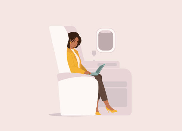 Black Businesswoman With Laptop Traveling In First Class Airplane. One Black Businesswoman In Yellow Coat Working With Laptop In First Class Airplane Seat. Isolated On Color Background. airplane seat stock illustrations