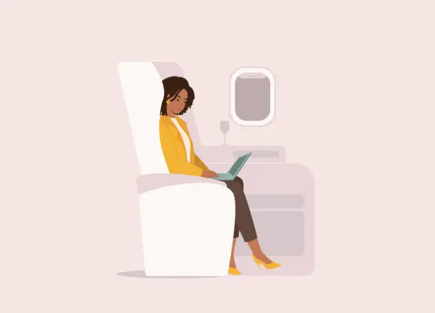 Vector illustration of Black Businesswoman With Laptop Traveling In First Class Airplane.