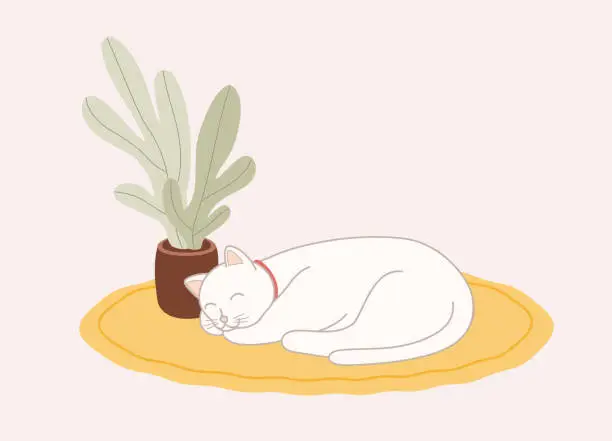 Vector illustration of White Cat Sleeping On Carpet.