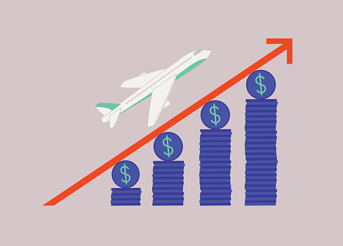 Airplane Flying Up A Steep Arrow Towards Higher Stacks Of Coins. Isolated On Color Background.