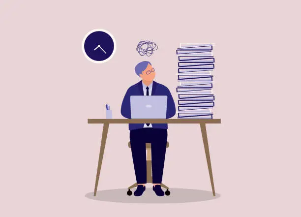 Vector illustration of Stressful Senior Male Employee Working Overtime Due To Overload Of Work.