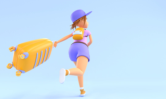 3D Woman tourist with suitcase runs fast in hurry back view. Cartoon illustration of girl traveler late for flight to airport. Passenger with luggage is missing plane. Summer travel concept, 3d render