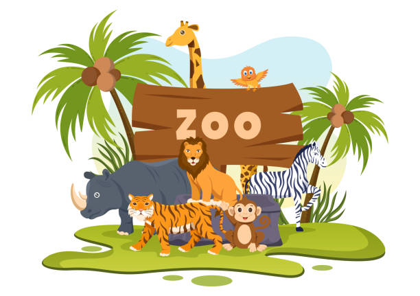 Zoo Cartoon Illustration With Safari Animals Elephant Giraffe Lion Monkey  Panda Zebra And Visitors On Territory On Forest Background Stock  Illustration - Download Image Now - iStock