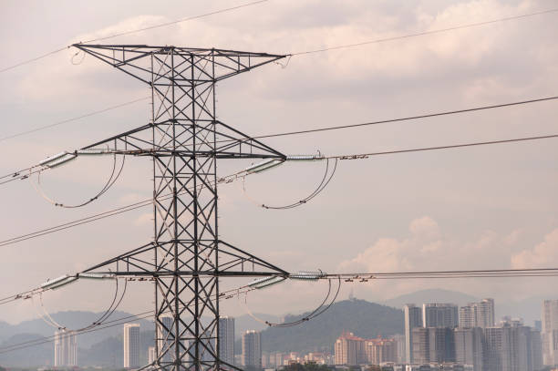 istock Power lines on a vintage color sky background. 1398430020