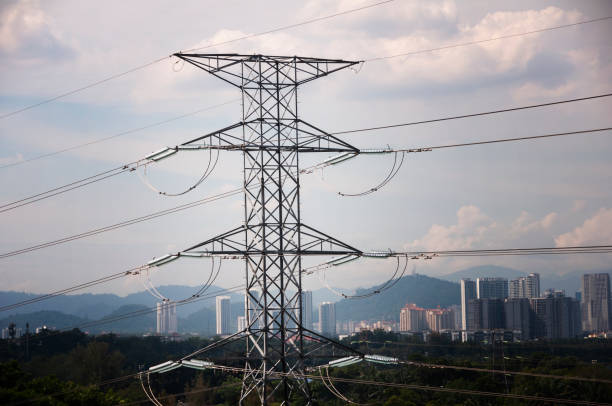 istock Power lines on a blue sky background. Energy concept 1398430022