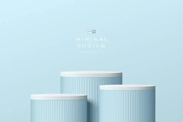Vector illustration of Abstract 3D light blue room with set of steps realistic blue and white cylinder stand podium. Pastel minimal scene for mockup product display. Vector geometric forms. Stage for showcase. Vector EPS10.