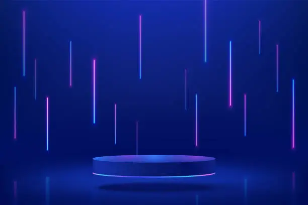 Vector illustration of Abstract realistic blue 3d cylinder pedestal podium. Sci-fi dark abstract room with vertical glowing neon lighting lines. Vector rendering mockup product display. Futuristic scene, Stage for showcase.