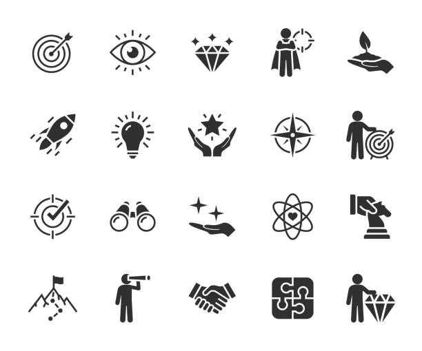 Vector set of mission, vision and values flat icons. Business concepts. Pixel perfect. Vector set of mission, vision and values flat icons. Business concepts. Pixel perfect. binoculars point of view stock illustrations