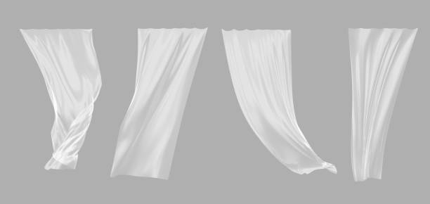 White window curtains, 3d render. Realistic set of billowing silk cloth in blowing wind. Luxury flowing tissue, clear textile with drapery and folds, hanging satin fabric isolated on grey background