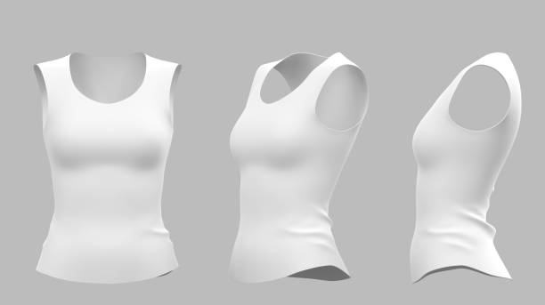 camiseta sin mangas 3d para mujer, camiseta redonda de la tripulación delantera, lateral y vista angular. maqueta realista de deporte femenino o ropa casual aislada sobre fondo gris. plantilla para diseño de ropa, renderizado 3d - tank top fotografías e imágenes de stock