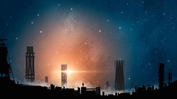 Man silhouette standing in post apocalyptic industrial city with towers, nebula, stars at sunrise. Digital painting background, 3D rendering stock photo