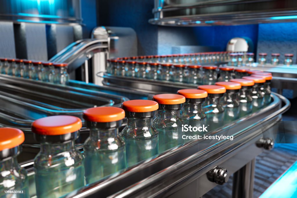 Vaccines in a pharmaceutical factory's production line are shown in a 3D rendering. Manufacturing Stock Photo