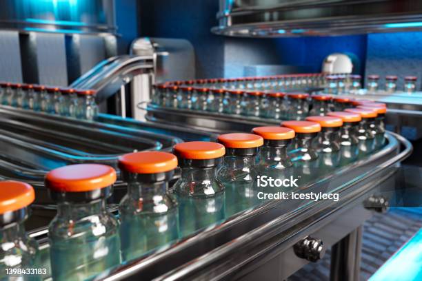 Vaccines In A Pharmaceutical Factorys Production Line Are Shown In A 3d Rendering Stock Photo - Download Image Now