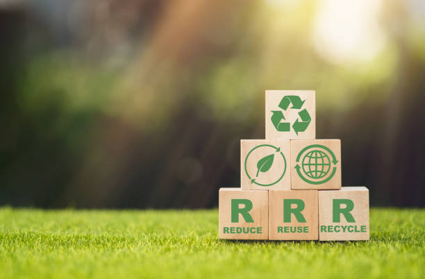 istock Wooden cube block over reduce, reuse and recycle text for save world on green background, environmental concept. 1398433221