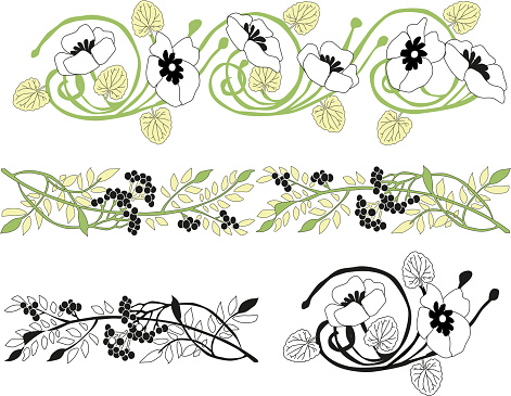 Drawn decorative borders and pattern with leaves, flowers and berries. Inspired by Art Nouveau