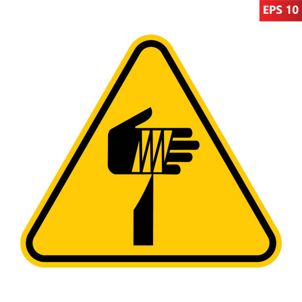 Sharp element warning sign. Sharp element warning sign. Vector illustration of yellow triangle sign with bandaged hand above sharp tool. Risk of injury, wound body. Caution dangerous objects. razor blade stock illustrations