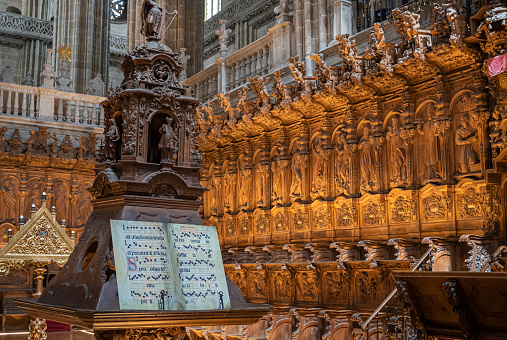 Codex of Psalms and Gregorian chants in the choir of the Gothic cathedral of Salamanca, Spain