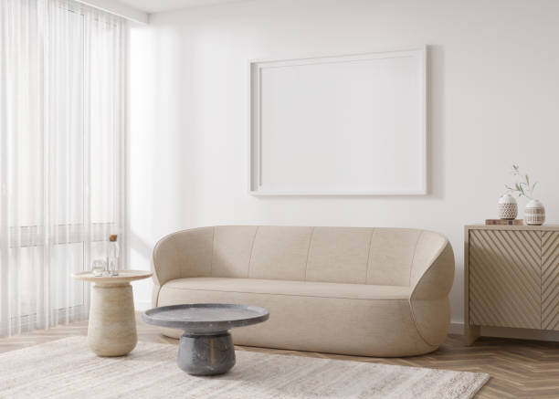 istock Empty horizontal picture frame on white wall in modern living room. Mock up interior in contemporary, scandinavian style. Free, copy space for your picture, poster. Sofa, carpet, table. 3D rendering. 1398435614