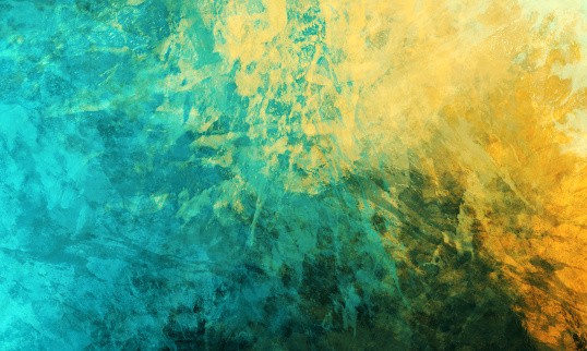 Blue green turquoise and yellow textured artsy painting background design illustration abstract bright stained marbled paper or canvas texture with colorful exotic summer tropical colors  and grunge paint splatters stains spots and brush strokes