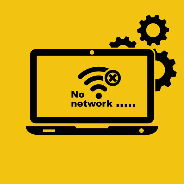 No connection laptop. Wi-fi sign with off signal. No internet symbol No connection laptop. Wi-fi sign with off signal. No internet symbol. Vector illustration flat design. Isolated on yellow background. Wi-fi pictogram. no signal stock illustrations