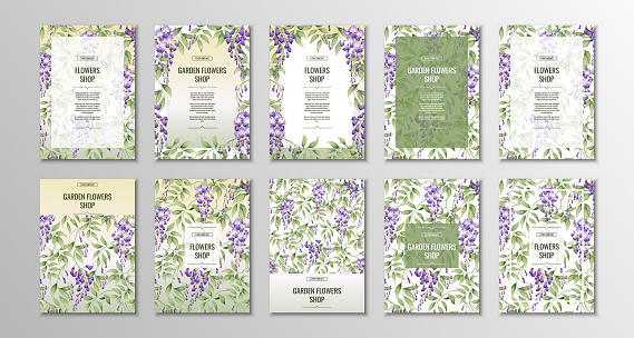 Set of flyer templates for poster, invitations with purple wisteria. A4 size background
