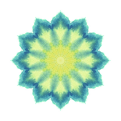 Isolated on white emerald green and yellow watercolor painted round kaleidoscopic canvas. Fine abstract multicolor symmetric circle painting. Artistic multicolored watercolour drawn mandala.
