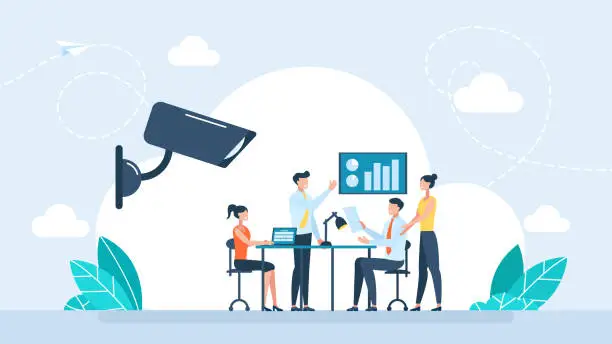 Vector illustration of Corporate Control. Vector illustration of a CCTV camera takes pictures of office workers. Video surveillance, control, protection of workers. CCTV installation concept. Flat style. Vector illustration
