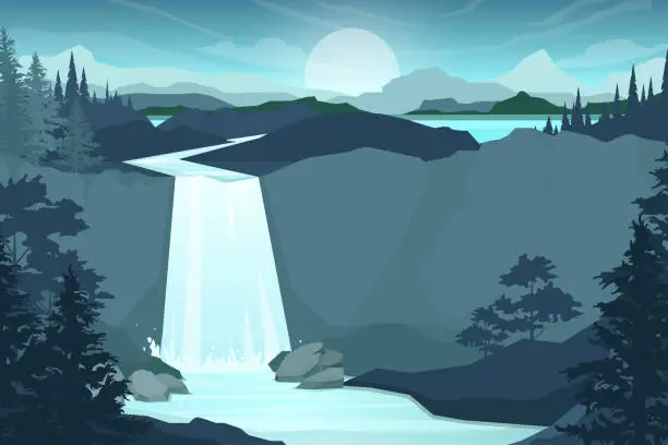 Vector illustration of Vector illustration cartoon style of Waterfall in forest landscape background