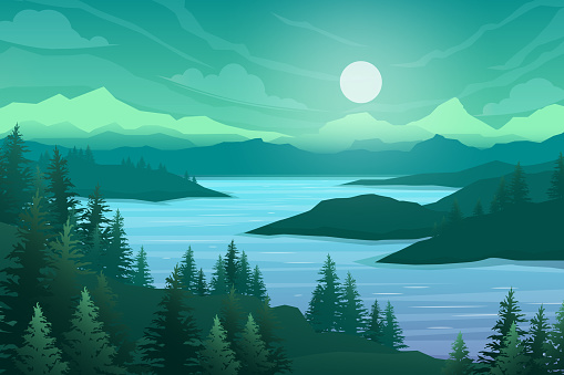 Nature scene with river and hills,  forest and mountain slopes on background, landscape flat cartoon style vector illustration