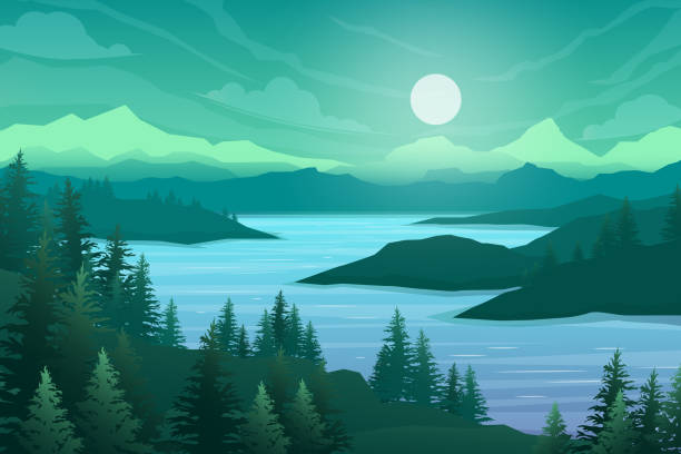 Nature scene with river and hills vector illustration Nature scene with river and hills,  forest and mountain slopes on background, landscape flat cartoon style vector illustration river clipart stock illustrations