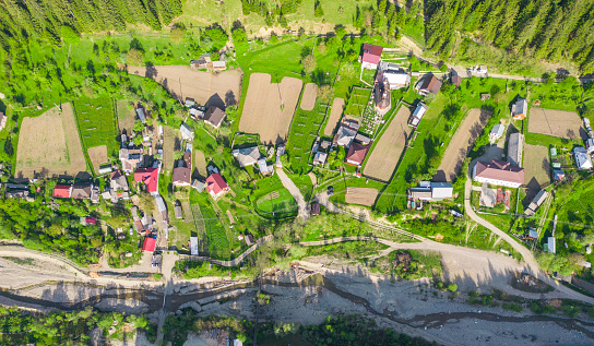 aerial scene of countryside village in Romania. top view