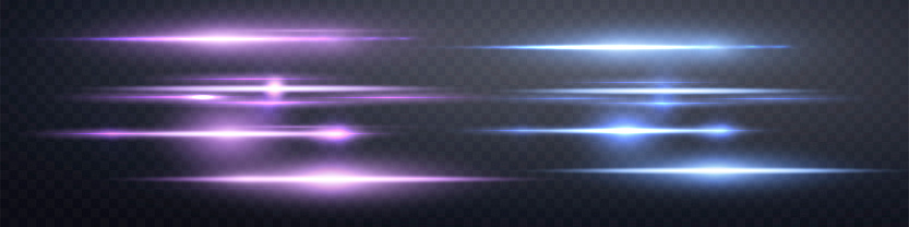 Purple and blue lens flares set. Isolated on transparent background. Sun flash with rays or spotlight and bokeh. Glow flare light effect. Vector illustration.