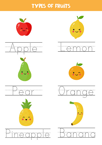 Trace words. Handwriting practice for preschool kids. Cute fruits.