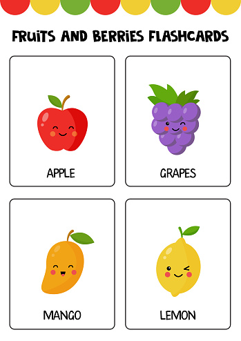 Flashcards for kids with cute cartoon fruits and berries. Educational cards.