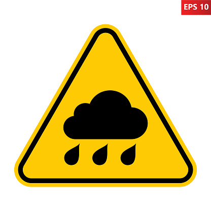 Rain warning sign. Vector illustration of yellow triangle sign with rain cloud icon inside. Risk of heavy rain and crash accident. Caution wet and slippery road. Skid symbol.