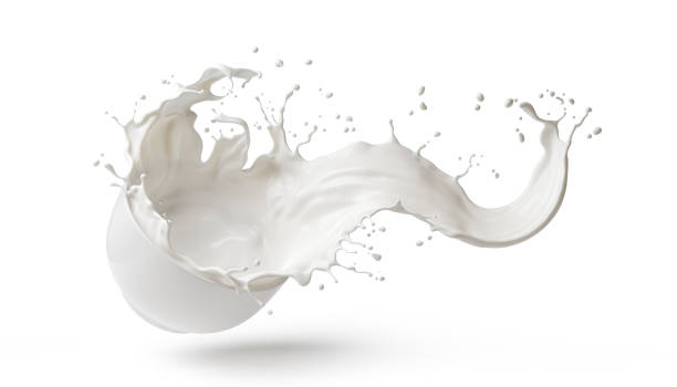 istock Milk Pouring and splash form White Bowl, isolated on white background, 3d rendering. 1398445808