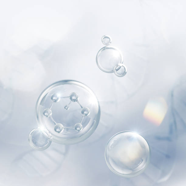 istock Cosmetic Essence oil Liquid Bubble with molecule on Dna background, 3d rendering. 1398446129