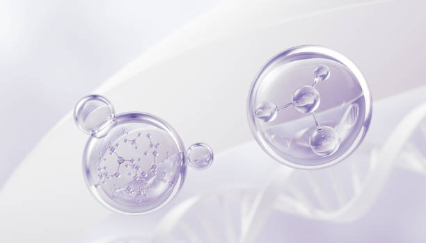 kosmetisches essenzöl liquid bubble mit molekülhintergrund, 3d-rendering. - molekülstruktur stock-fotos und bilder