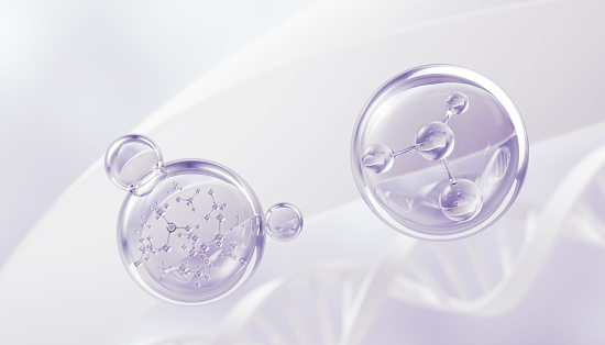 Aceite de esencia cosmética Burbuja líquida con fondo de molécula, renderizado 3D. photo