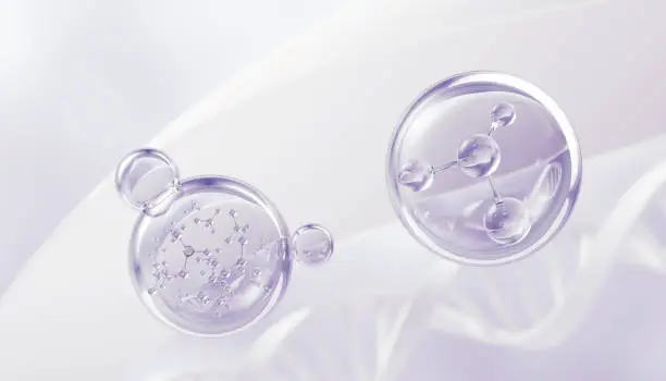 Photo of Cosmetic Essence oil Liquid Bubble with molecule background, 3d rendering.