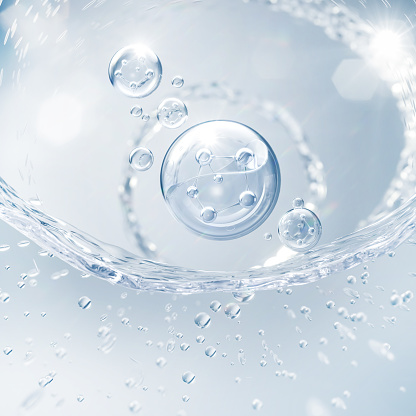 Esencia cosmética, Burbuja líquida, Molécula dentro de burbuja líquida en fondo de agua, renderizado 3D photo