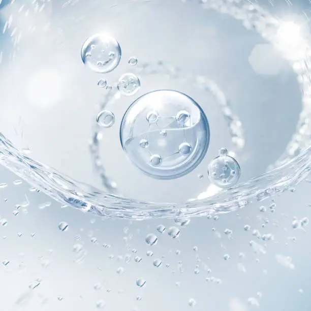 Photo of Cosmetic Essence, Liquid bubble, Molecule inside Liquid Bubble on water background, 3d rendering