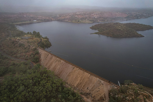 Aerial view of the dam wall at Lake Moondarra at Mount Isa