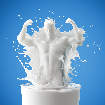 Splash of milk in form of muscle man Fitness Exercise shape, with clipping path. 3D illustration.
